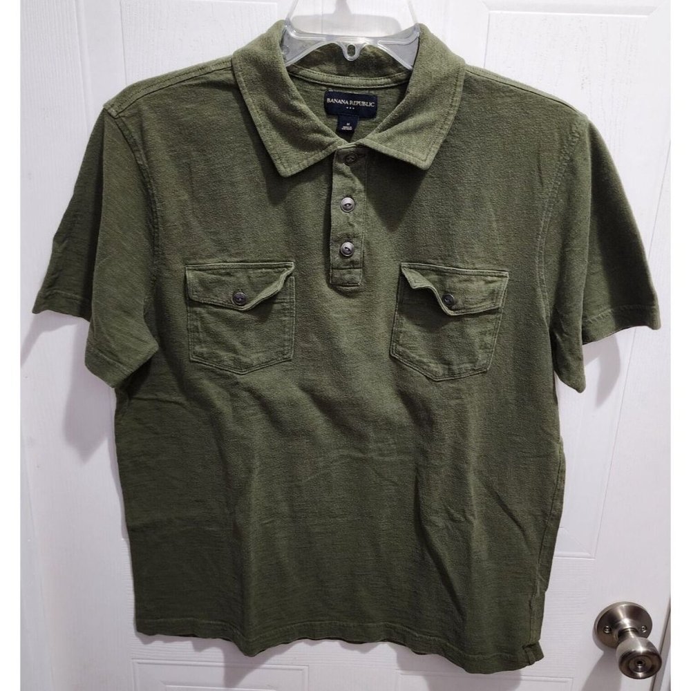Banana Republic Olive Green Double Pocket‎ Short Sleeve Polo Mens Size M Cotton